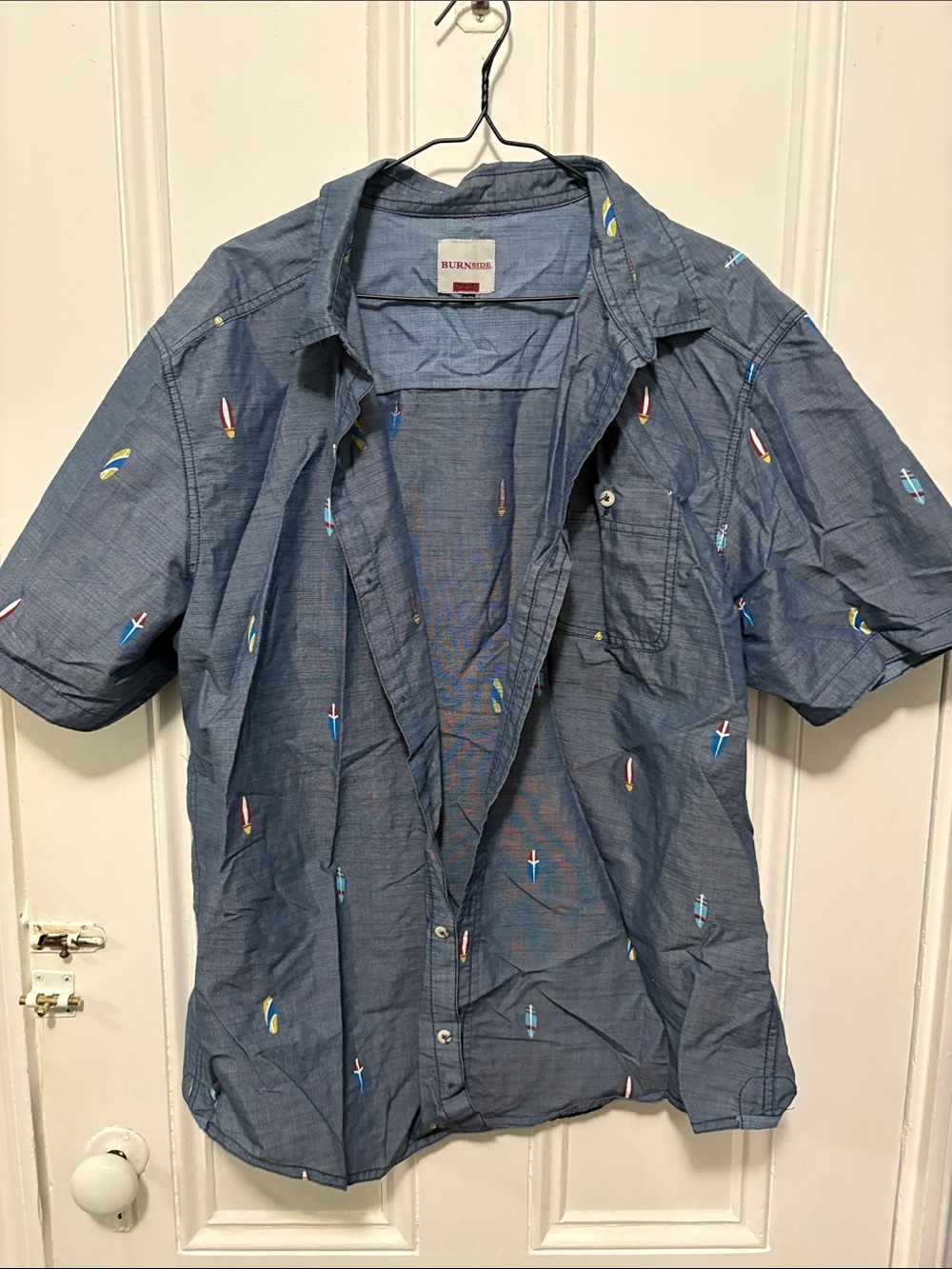 burnside Short-Sleeve Blue Chambray Button-Down with Surfboard Embroidery